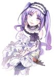  1girl fate/grand_order fate/hollow_ataraxia fate_(series) headband long_hair purple_eyes purple_hair smile stheno twintails white_dress 