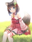  animal_ears bangs bare_shoulders blue_eyes blush bob_cut brown_hair closed_mouth commentary_request detached_sleeves dress eyebrows_visible_through_hair fox_ears fox_tail grass hair_ornament hair_ribbon halterneck head_tilt long_sleeves looking_at_viewer medium_hair namaru_(summer_dandy) obi original outdoors pink_dress pleated_dress print_dress print_sleeves red_ribbon ribbon ribbon-trimmed_dress ribbon-trimmed_sleeves ribbon_trim sash shiny shiny_hair short_dress short_hair sitting smile solo tail thighhighs white_background white_legwear wide_sleeves 