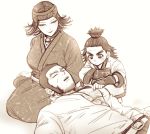  2boys ainu ainu_clothes bandana beard belt breasts chest_hair child cikapasi closed_eyes collared_shirt earrings facial_hair fingerless_gloves gloves golden_kamuy hoop_earrings inkarmat japanese_clothes jewelry kaeru_(8593883) kimono lap_pillow large_breasts looking_at_another lying monochrome multiple_boys on_back pants seiza sepia shirt short_hair sideburns simple_background sitting sleeping smile spiked_hair squatting tanigaki_genjirou thick_eyebrows topknot unbuttoned unbuttoned_shirt white_background 