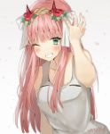  :d commentary darling_in_the_franxx dress english_commentary fingernails flower green_eyes grey_background hair_flower hair_ornament hand_up highres horns leaning_forward long_hair looking_at_viewer mochii one_eye_closed open_mouth pink_hair red_flower signature smile solo white_dress zero_two_(darling_in_the_franxx) 