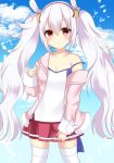  :&lt; albino animal_ears azur_lane bangs bare_shoulders blue_sky blush bunny_ears camisole closed_mouth cloud cloudy_sky collarbone commentary_request day eyebrows_visible_through_hair fur-trimmed_jacket fur_trim hair_between_eyes hair_ornament hairband hand_up jacket laffey_(azur_lane) long_hair long_sleeves looking_at_viewer misaki_(misaki86) off_shoulder open_clothes open_jacket outdoors pink_jacket pleated_skirt red_eyes red_hairband red_skirt sidelocks silver_hair skirt sky sleeves_past_wrists solo thighhighs twintails very_long_hair white_camisole white_legwear 
