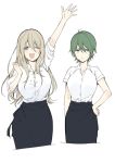  ;d ahoge akizuki_kouyou apron arm_up blend_s blonde_hair collared_shirt commentary_request dino_(blend_s) dress_shirt genderswap genderswap_(mtf) green_eyes green_hair long_hair multiple_girls nakayama_miyuki one_eye_closed open_mouth shirt short_hair short_sleeves simple_background sleeves_pushed_up smile sweatdrop waist_apron white_background 