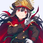  black_hair black_hat blush closed_mouth eyebrows_visible_through_hair fate/grand_order fate_(series) gloves hat long_hair long_sleeves looking_at_viewer oda_nobunaga_(fate) red_eyes smile solo tgh326 upper_body v white_gloves 