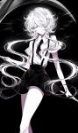  absurdres androgynous artist_name black_background black_nails black_neckwear black_skirt feet_out_of_frame gem_uniform_(houseki_no_kuni) ghost_quartz_(houseki_no_kuni) grey_eyes hair_over_one_eye head_tilt highres holding holding_scythe holding_weapon houseki_no_kuni long_hair miniskirt nail_polish parted_lips scythe sheya shirt short_hair_with_long_locks short_sleeves signature silver_hair simple_background skirt solo sparkle standing suspender_skirt suspenders weapon white_shirt wing_collar 