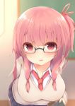  absurdres arm_behind_back bangs bespectacled blurry blurry_background blush breasts chalkboard classroom commentary_request embarrassed eyebrows_visible_through_hair glasses hair_ribbon highres indoors kotonoha_akane large_breasts leaning_forward long_hair long_sleeves looking_at_viewer necktie one_side_up open_mouth pink_eyes pink_hair pleated_skirt red_neckwear ribbon school_uniform semi-rimless_eyewear sidelocks skirt solo sorahachi_(sora823) sweat sweater voiceroid wavy_mouth wing_collar 