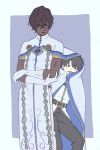  &lt;|&gt;_&lt;|&gt; :3 :d arjuna_(fate/grand_order) belt black_hair black_pants brown_hair cape chaldea_uniform closed_eyes crossed_arms dark_skin dark_skinned_male fate/grand_order fate_(series) fujimaru_ritsuka_(male) gloves hair_between_eyes height_difference highres jacket mi_(pic52pic) multiple_boys open_mouth pants purple_background simple_background smile standing white_cape white_gloves 