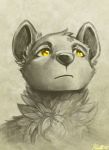  2018 abstract_background ambiguous_gender anthro conditional_dnp fur hyena mammal monochrome portrait ratte sepia sketch solo spot_color yellow_eyes 