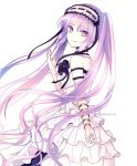  1girl fate/grand_order fate/hollow_ataraxia fate_(series) headband long_hair purple_eyes purple_hair smile stheno twintails white_dress 