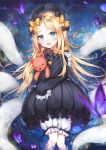  abigail_williams_(fate/grand_order) afloat bangs black_bow black_dress black_hat blonde_hair bloomers blue_eyes blush bow bug butterfly commentary_request dress eyebrows_visible_through_hair fate/grand_order fate_(series) hair_bow hat highres insect long_hair long_sleeves looking_at_viewer object_hug open_mouth orange_bow parted_bangs polka_dot polka_dot_bow pong_(vndn124) sleeves_past_fingers sleeves_past_wrists solo stuffed_animal stuffed_toy tears teddy_bear tentacles underwear very_long_hair water white_bloomers 