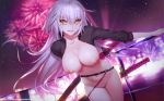  1girl absurdres areolae belt breasts cleavage collarbone fate/grand_order fate_(series) fireworks grin groin highres jacket jeanne_d&#039;arc_(alter_swimsuit_berserker) jeanne_d&#039;arc_(fate)_(all) katana large_breasts leaning_forward long_hair looking_at_viewer naked_coat navel night nipples nude outdoors public_nudity pussy railing shadowgrave sheath sheathed silver_hair slit_pupils smile solo star sword thighs weapon wind yellow_eyes 