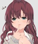  :3 bangs blue_eyes blush breasts brown_hair cleavage earrings eyebrows_visible_through_hair finger_to_mouth fingernails grey_background ichinose_shiki idolmaster idolmaster_cinderella_girls jewelry kirarin369 lips long_fingernails long_hair looking_at_viewer onomatopoeia open_clothes open_shirt parted_lips simple_background smile solo upper_body wavy_hair 