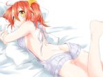  1girl ass bed_sheet eyebrows_visible_through_hair fate/grand_order fate_(series) fujimaru_ritsuka_(female) grey_ribbon grey_sweater hair_between_eyes hair_ornament hair_scrunchie looking_at_viewer lying meme_attire on_stomach pillow pillow_hug red_hair scrunchie shino-o shiny shiny_hair side_ponytail solo sweater virgin_killer_sweater yellow_eyes yellow_scrunchie 