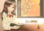  black_hair book bow bowtie breasts brown_hair commentary_request desk final_fantasy final_fantasy_ix garnet_til_alexandros_xvii highres large_breasts long_hair looking_at_viewer minimum_key open_mouth red_bow red_neckwear school_uniform smile solo tree window 