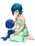  absurdres bare_arms bare_shoulders barefoot bed_sheet blue_eyes blue_hair blush breasts collarbone commentary_request eye_contact feet full_body highres looking_at_another pajamas pokemon pokemon_(anime) pokemon_(creature) pokemon_on_lap pokemon_sm_(anime) popplio seiza short_hair simple_background sitting sleeveless small_breasts smile suiren_(pokemon) trial_captain turiganesou800 white_background 