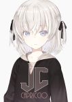  artist_name bangs black_bow black_hoodie bow capriccio commentary_request eyebrows_visible_through_hair grey_background grey_eyes hair_between_eyes hair_bow hood hood_down hoodie long_hair looking_at_viewer mashiro_icone original parted_lips silver_hair simple_background solo two_side_up upper_body 