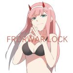  1girl black_bikini_top breasts cleavage collarbone darling_in_the_franxx english_text engrish_text green_eyes hairband horns long_hair looking_at_viewer medium_breasts pink_hair ranguage simple_background smile solo upper_body uta_(xuyansong1996) white_background white_hairband zero_two_(darling_in_the_franxx) 