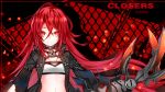  1girl bra chains closers copyright_name eyebrows_visible_through_hair floating_hair grin hair_between_eyes highres long_hair looking_at_viewer midriff navel red_eyes red_hair seth_(closers) shadow shiyu_shiying smile solo stomach underwear upper_body very_long_hair white_bra 