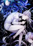  androgynous black_background blue_hair broken cairngorm_(houseki_no_kuni) closed_eyes colored_eyelashes decapitation fetal_position gem_uniform_(houseki_no_kuni) ghost_quartz_(houseki_no_kuni) glowing hair_over_one_eye high_heels highres houseki_no_kuni lapis_lazuli_(houseki_no_kuni) long_hair lying multiple_others on_back on_side short_hair silver_hair sleeping smile time_paradox white_hair yuyu_qianlan 