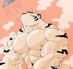  2018 abs anthro biceps big_muscles blush deep_navel digital_media_(artwork) eyes_closed feline fur kemono male mammal muscular muscular_male navel nipples nude pecs shower solo steam syukapong tiger water white_tiger 