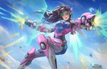  acronym adapted_costume anna_lynn armor artist_name bangs blue_bodysuit blue_sky bodysuit breasts brown_eyes brown_hair cannon commentary d.va_(overwatch) day debris energy_shield english_commentary exoskeleton facepaint facial_mark feet_out_of_frame firing flying framed_breasts headphones highres jetpack long_hair looking_at_viewer mecha_musume medium_breasts meka_(overwatch) nose open_mouth outdoors overwatch pilot_suit pink_lips power_armor shoulder_pads signature sky smile solo swept_bangs visor weapon whisker_markings 