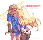  1girl ass blonde_hair blue_eyes blush closed_eyes commentary_request earrings fantasy gameplay_mechanics gloves gold_trim hair_ornament health_bar heart jewelry kiss link long_hair pointy_ears ponytail princess_zelda shuri_(84k) simple_background surprised_arms the_legend_of_zelda the_legend_of_zelda:_breath_of_the_wild tunic 