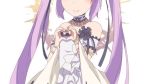  1girl fate/grand_order fate/hollow_ataraxia fate_(series) long_hair purple_eyes purple_hair smile stheno twintails white_dress 