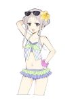  :3 :d alternate_hairstyle bikini blend_s blush collarbone commentary_request crossdressing double_bun eyewear_on_head flower frilled_bikini frills green_eyes hair_flower hair_ornament hand_behind_head hand_on_hip kanzaki_hideri male_focus nakayama_miyuki navel open_mouth otoko_no_ko pink_scrunchie polka_dot polka_dot_scrunchie scrunchie sidelocks smile solo sunglasses swimsuit wrist_scrunchie 