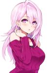  bangs blush breasts commentary_request cu-no eyebrows_visible_through_hair hair_between_eyes hand_up hisenkaede large_breasts looking_at_viewer original parted_lips pink_hair purple_eyes purple_sweater shoulder_cutout simple_background solo sweater upper_body white_background yayoi_sakura 