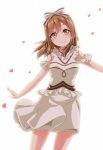 blush bow brown_eyes brown_hair commentary_request cowboy_shot eyebrows_visible_through_hair frilled_shirt_collar frills hair_bow heart jewelry kunikida_hanamaru long_hair looking_at_viewer love_live! love_live!_sunshine!! outstretched_arms pendant shoulder_cutout skirt smile solo spread_arms striped striped_bow torikoriko_please!! white_background yopparai_oni 