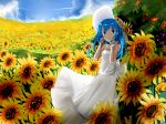  axleaki blue_hair blue_sky day dress field flower flower_field hands_up hat hat_flower long_hair original outdoors sky standing summer sun_hat sunflower white_dress white_hat 