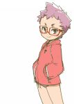  1girl character_request female glasses hamahara_yoshio hands_in_pockets hood hoodie no_pants panties pink_hair red-framed_eyewear simple_background smile solo tomboy very_short_hair white_background 