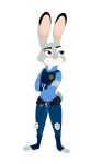  2017 3_toes absurd_res anthro badge clothed clothing crossed_arms dipstick_ears disney female fur grey_fur hi_res judy_hopps lagomorph mammal nick-and-judy-daily_(artist) pink_nose police_uniform purple_eyes rabbit simple_background small_tail smile solo standing toes uniform white_background zootopia 