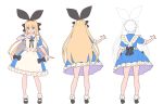  absurdres apron black_bow black_footwear blonde_hair blue_dress bow commentary_request contrapposto dress eyebrows_visible_through_hair green_eyes hair_bow hairband hand_on_own_chest highres large_bow long_hair mononobe_alice nagisa_kurousagi nijisanji puffy_short_sleeves puffy_sleeves shoes short_sleeves simple_background smile standing white_apron white_background white_legwear 