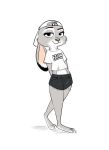  2017 3_toes absurd_res anthro backwards_baseball_cap baseball_cap clothed clothing dipstick_ears disney ears_down female fur grey_fur half-closed_eyes hat hi_res judy_hopps lagomorph looking_at_viewer mammal midriff nick-and-judy-daily_(artist) pink_nose purple_eyes rabbit raised_eyebrow shirt shorts simple_background solo t-shirt toes tomboy white_background zootopia 