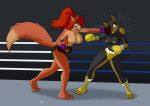 3_toes anthro beige_nipples big_breasts black_eye black_hair black_nose boots boxing boxing_gloves breast_size_difference breasts brown_nose bruised canine clothed clothing dipstick_tail doberman dog domination drawing-4ever eyebrows eyelashes female fight fighting_ring footwear fox franziska_wehrner_(character) fur gloves_(marking) grin hair inner_ear_fluff inside long_hair mammal markings mostly_nude motion_lines mouth_guard multicolored_fur multicolored_tail navel nipples ouch pain ponytail punch red_fur red_hair shorts signature smile smirk sport surprise teeth toes topless two_tone_fur vivienne_(character) wendel2 