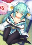  bare_shoulders black_legwear blush breasts cleavage collarbone commentary_request eyebrows_visible_through_hair fate/grand_order fate_(series) from_above green_hair highres horns japanese_clothes kimono kiyohime_(fate/grand_order) long_hair looking_at_viewer medium_breasts no_shoes open_mouth pantyhose pillow sitting solo tatami tears wavy_mouth yellow_eyes yes yes-no_pillow yuki_kawachi 