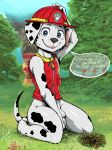  animal_genitalia balls canine clothing colar cub diacordst_(artist) dog fire fur male mammal marshall_(paw_patrol) nude paw_patrol peeing penis penis_tip sheath solo text translation_request urine young 