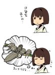  2koma boushi-ya brown_eyes brown_hair cannon check_translation closed_eyes comic commentary_request emphasis_lines hyuuga_(kantai_collection) kantai_collection light_smile simple_background thought_bubble translation_request turret upper_body white_background 