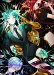  androgynous antarcticite black_background broken clipboard closed_eyes colored_eyelashes cracked gem gem_uniform_(houseki_no_kuni) glowing gold golden_arms green_hair highres houseki_no_kuni light_smile lying mercury missing_eye missing_limb multiple_others necktie on_back on_side phosphophyllite red_hair shards shinsha_(houseki_no_kuni) short_hair sleeping sparkle spoilers white_hair yuyu_qianlan 