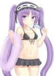  black_swimsuit fate/grand_order fate/hollow_ataraxia fate_(series) headband ice_cream long_hair looking_at_viewer open_mouth purple_eyes purple_hair smile stheno swimsuit twintails 