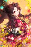  bangs black_hair black_ribbon blush commentary_request earrings eyebrows_visible_through_hair fate/grand_order fate_(series) floral_print flower hair_flower hair_ornament hair_ribbon highres hoop_earrings ishtar_(fate/grand_order) japanese_clothes jewelry kimono kyjsogom long_hair looking_at_viewer looking_to_the_side parasol parted_lips petals red_eyes red_kimono ribbon sash solo two_side_up umbrella wide_sleeves 