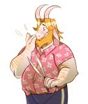  anthro asgore_dreemurr beard blush boss_monster caprine clothed clothing facial_hair fur horn long_ears male mammal musclegut muscular muscular_male overweight overweight_male simple_background solo tomatomagica undertale video_games white_background white_fur 