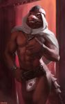  2018 abs anthro biceps bulge chunie clothed clothing detailed_background digital_media_(artwork) hi_res hood inside jewelry kasir_(chunie) lizard looking_at_viewer male muscular muscular_male pecs reptile scales scalie skimpy smile solo standing topless 