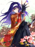  ahoge blue_hair cyaca_ab fingerless_gloves fire_emblem fire_emblem:_souen_no_kiseki gloves green_eyes hairband hakama headband japanese_clothes kimono long_hair purple_hair smile solo sword tasuki wayu_(fire_emblem) weapon white_hairband 