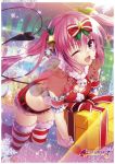  ;d bell belt bow breasts christmas cleavage crop_top fang gift hair_bow hair_ornament highres jingle_bell leaning_forward long_hair midriff miniskirt nana_asta_deviluke official_art one_eye_closed open_mouth pink_eyes pink_hair red_shirt red_skirt santa_costume shirt skirt small_breasts smile solo striped striped_legwear tail thighhighs to_love-ru to_love-ru_darkness to_love-ru_darkness:_idol_revolution twintails yabuki_kentarou 