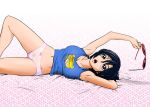  arms_up bed_sheet blue_hair bow bow_panties breasts brown_eyes cleavage image_sample legs mahha_warabi may_lee midriff no_pants open_mouth panties pink_panties reclining shirt sunglasses the_king_of_fighters thighs twitter_sample underwear 