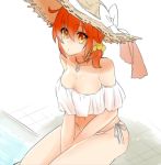  1girl between_legs bikini bow breasts brown_eyes cleavage collarbone fate/grand_order fate_(series) fujimaru_ritsuka_(female) hair_between_eyes hair_ornament hair_over_shoulder hair_ribbon hair_scrunchie hand_between_legs hat hat_bow jewelry medium_breasts navel necklace orange_hair ribbon scrunchie shino-o side-tie_bikini simple_background sitting solo strapless strapless_bikini straw_hat sun_hat swimsuit white_background white_bikini white_bow white_ribbon yellow_scrunchie 