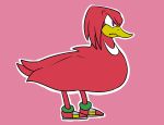  alternate_species annoyed avian beak bird clothing duck echidna feathers feral footwear hybrid knuckles_the_echidna male mammal monotreme nude purple_eyes red_feathers shoes solo sonic_(series) theleonamedgeo 