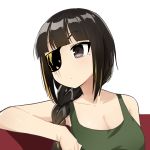  bangs bare_shoulders black_eyes black_hair blonde_hair braid breasts cleavage closed_mouth eyebrows_visible_through_hair eyepatch facial_scar girls_frontline green_tank_top highres junsuina_fujunbutsu long_hair looking_to_the_side m16a1_(girls_frontline) mole mole_under_eye multicolored_hair scar scar_across_eye simple_background sleeveless solo streaked_hair tank_top two-tone_hair 