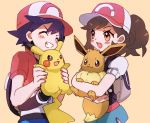  1girl ^_^ ankea_(a-ramo-do) ayumi_(pokemon) backpack bag baseball_cap beige_background black_hair black_jacket black_shirt blue_pants blue_shorts blush_stickers brown_backpack brown_hair carrying closed_eyes cowboy_shot eevee gen_1_pokemon grin hat holding holding_pokemon jacket kakeru_(pokemon) looking_at_another multicolored multicolored_clothes multicolored_jacket open_mouth pants pikachu pokemon pokemon_(creature) pokemon_(game) pokemon_lgpe ponytail red_jacket round_teeth shirt short_shorts short_sleeves shorts simple_background smile teeth white_jacket white_shirt yellow_background 